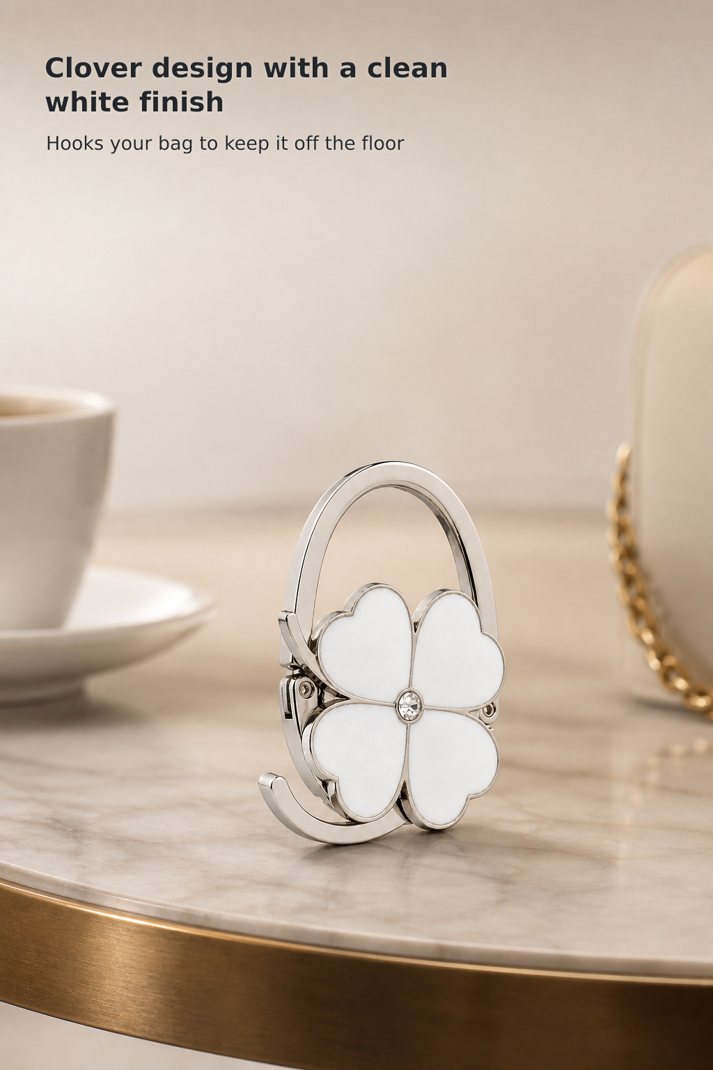 Clover-Shaped Foldable Handbag Table Hook, White