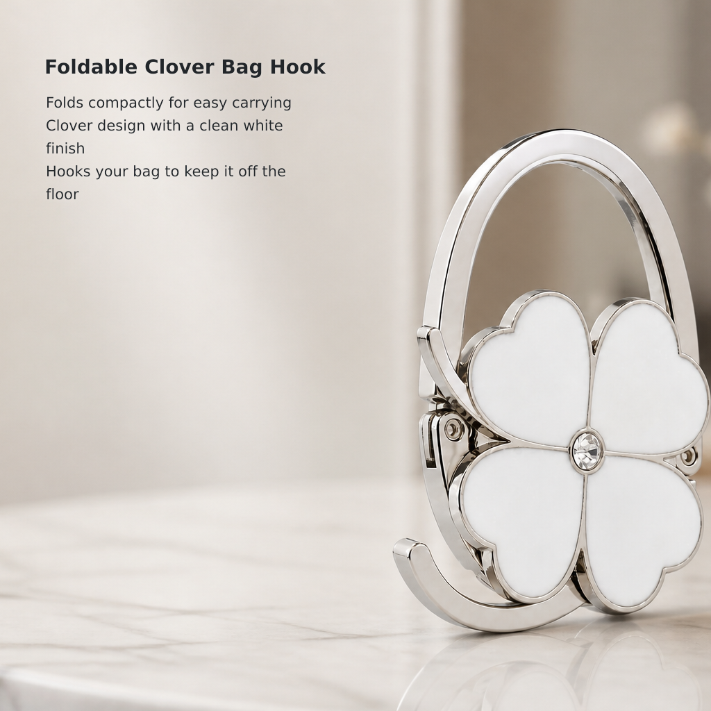 Clover-Shaped Foldable Handbag Table Hook, White